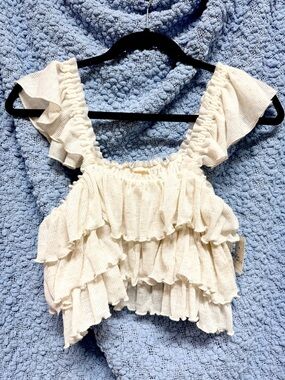 Free People Cream Ruffled Cropped Tank